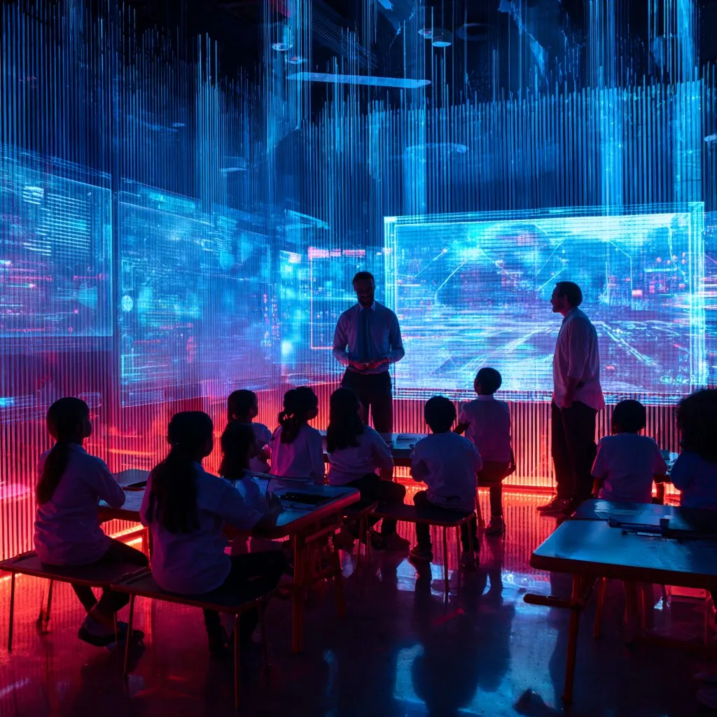 Studenti in un’aula immersa in pareti di dati luminosi
