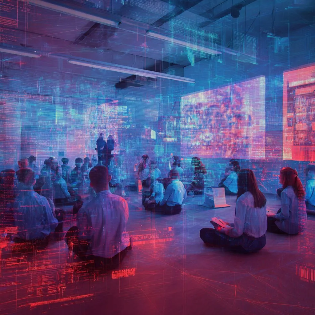 Persone sedute in una sala ascoltano un relatore, tra schermi di dati luminosi in rosso e blu